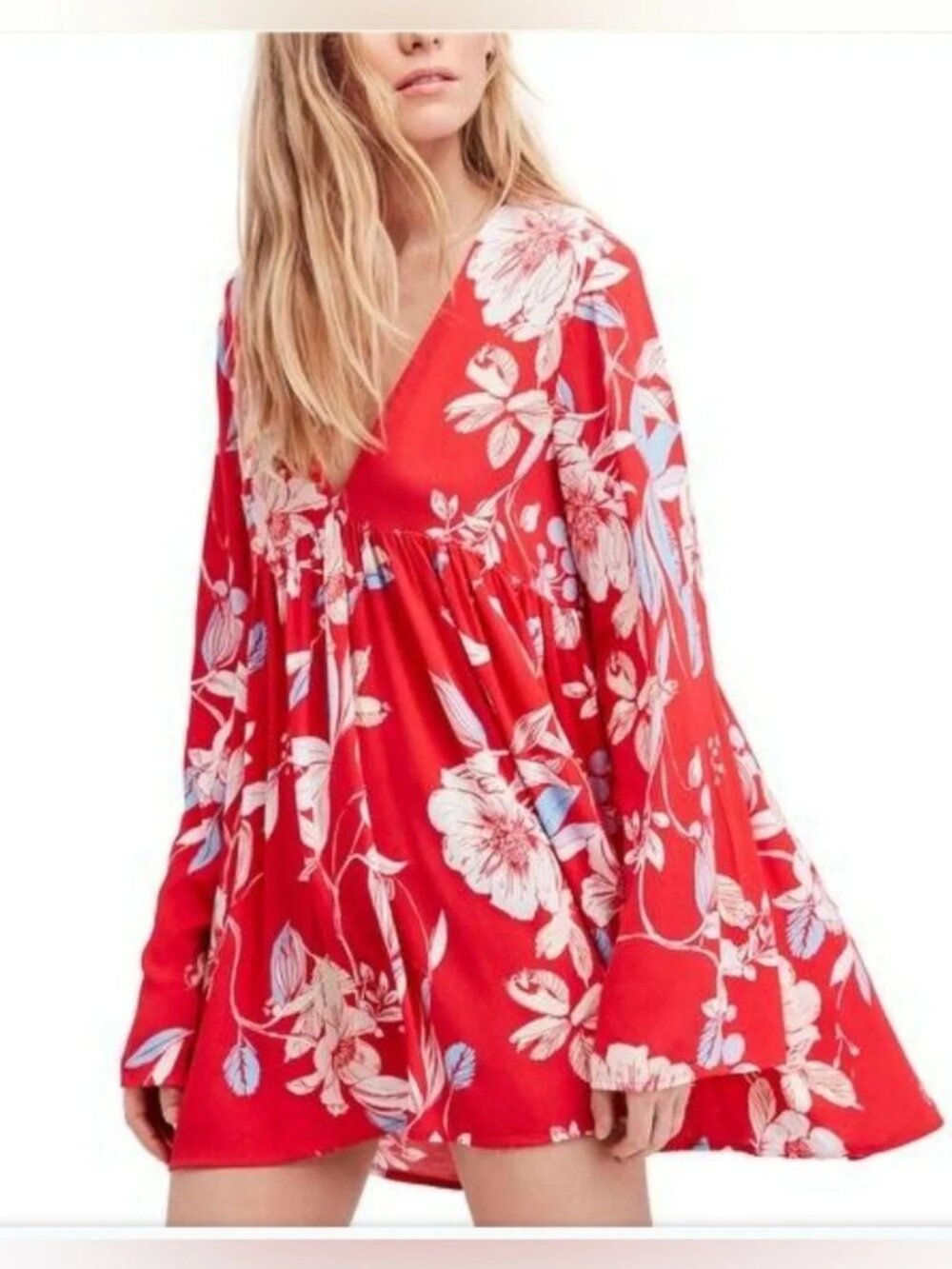Free People - Bella Empire Waist Red Floral V Neck Bell Sleeve Blouse Size XS